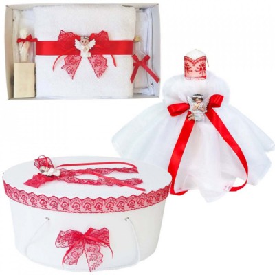 Set dantela trusou botez, cutie trusou si lumanare, Ingeras, decor Rosu, foto