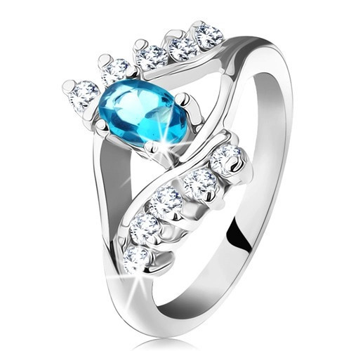 Inel de culoare argintie, zircon oval aquamarin, linii de zirconii transparente - Marime inel: 49