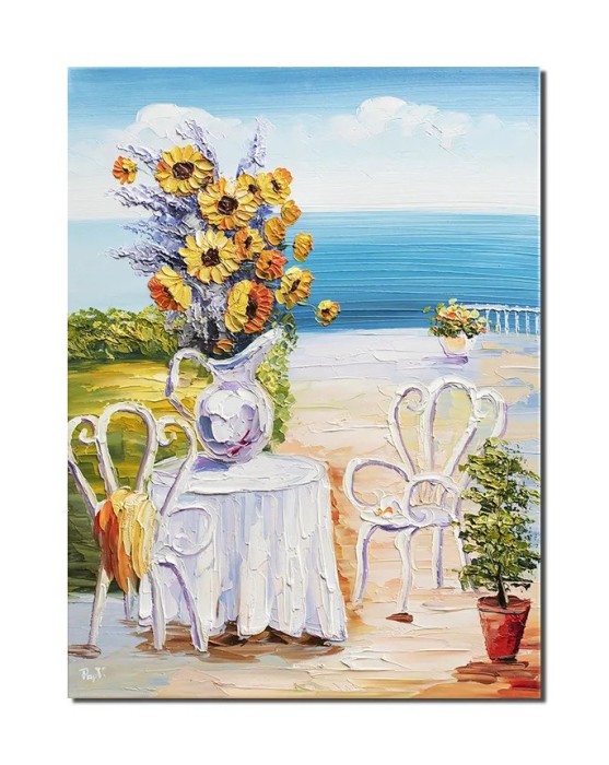 Tablou vaza floarea soarelui pictat manual, O zi minunata la malul marii, 70x50cm ulei in cutit efect 3D, Valentin Pop