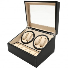 Cutie intors ceasuri iUni, Watch Winder 4 + 6 spatii depozitare, Piele ecologica, Negru-Crem