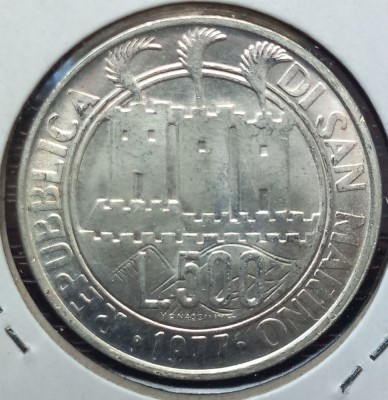 (A383) MONEDA DIN ARGINT SAN MARINO - 500 LIRE 1977, ELIXIRUL MORTII IN CER foto