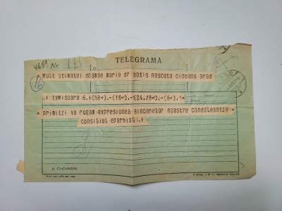 Telegrama condoleante Consiliul Eparhial catre Maria Botis (1873-1940) Arad 1940 foto