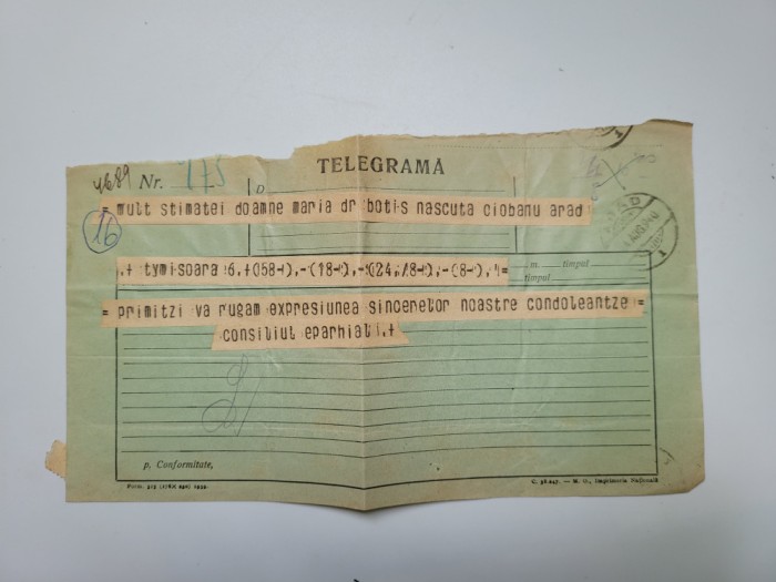Telegrama condoleante Consiliul Eparhial catre Maria Botis (1873-1940) Arad 1940
