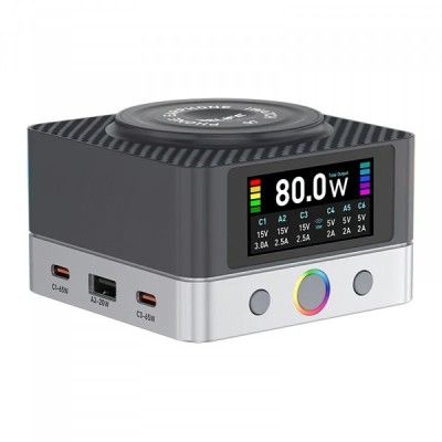 Incarcator Statie Relife Q7 QI, 80W, 3.25A, 2 x USB-A - 4 x USB-C, Gri foto