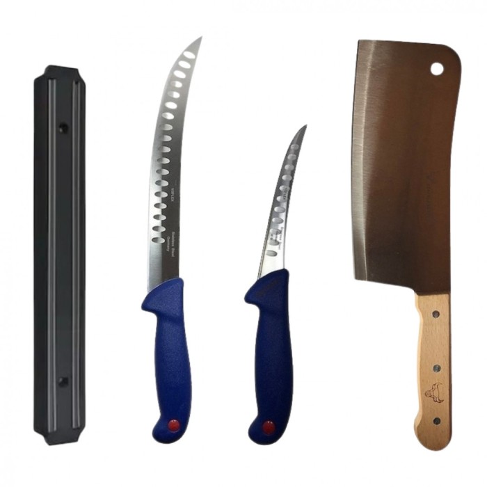 Set profesional de macelarie, fasonat, transat, degresat, dezosat, 2 cutite, suport magnetic, satar