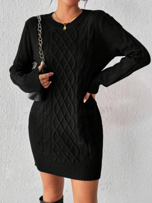 Rochie mini stil pulover, model tricotat, maneci lungi, negru, dama foto