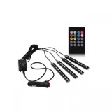 Set 4 Benzi LED Auto RGB, 12.5cm, Telecomanda, Functie Sonora, Lumini Interior Masina, Multicolor, 12V, Impermeabile