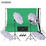 Cumpara ieftin Kit studio foto,lumini,4 umbrele alb,negru,suport fundal 2x2m,2x bec 45W + 3 panze fundal multicolore