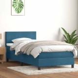 vidaXL Pat box spring cu saltea, albastru &icirc;nchis, 100x210 cm, catifea