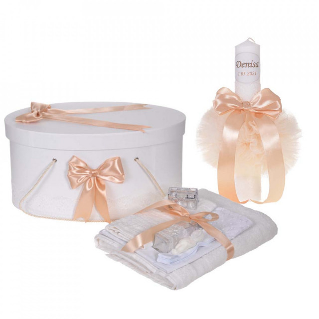 Set trusou botez, cutie trusou si lumanare personalizata cu nume, decor Crem,