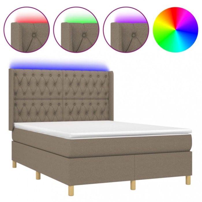 Pat cu arcuri, saltea si LED, gri taupe, 140x200 cm, textil