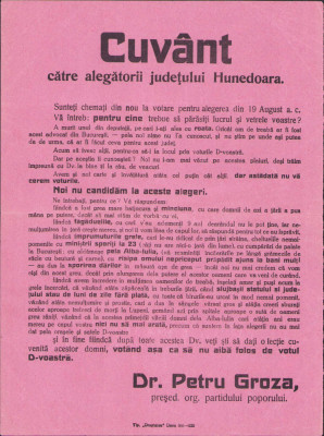 HST 352S Afiș electoral 1929 jud Hunedoara Partidul Poporului tipărit Deva foto