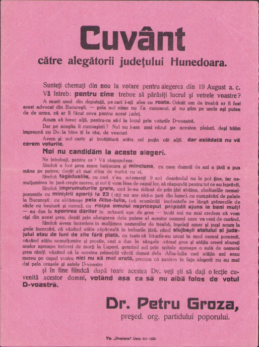 HST 352S Afiș electoral 1929 jud Hunedoara Partidul Poporului tipărit Deva