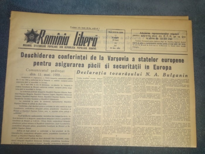 ZIARUL ROMANIA LIBERA 12 MAI 1955 DESCHIDEREA CONFERINTEI DE LA VARSOVIA