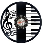 Ceas de perete decorativ realizat din disc de vinil, Model Premium Clape de Pian, Cheia Sol si Note Muzicale, Design Retro Elegant, Negru, 30 cm
