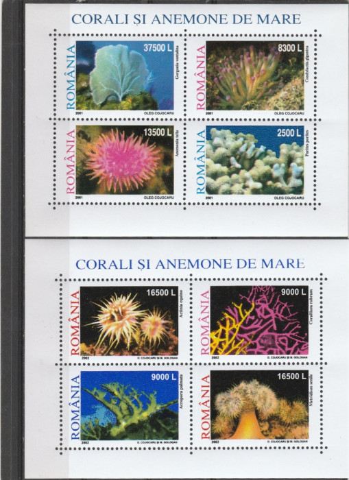 CORALI BLOC 2001 + 2002,NEUZATE,MNH, ROMANIA.