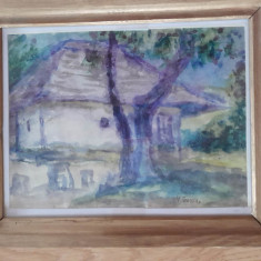 tablou Casa taraneasca, Hortensia Steurer, guasa pe hartie, 27x21 cm