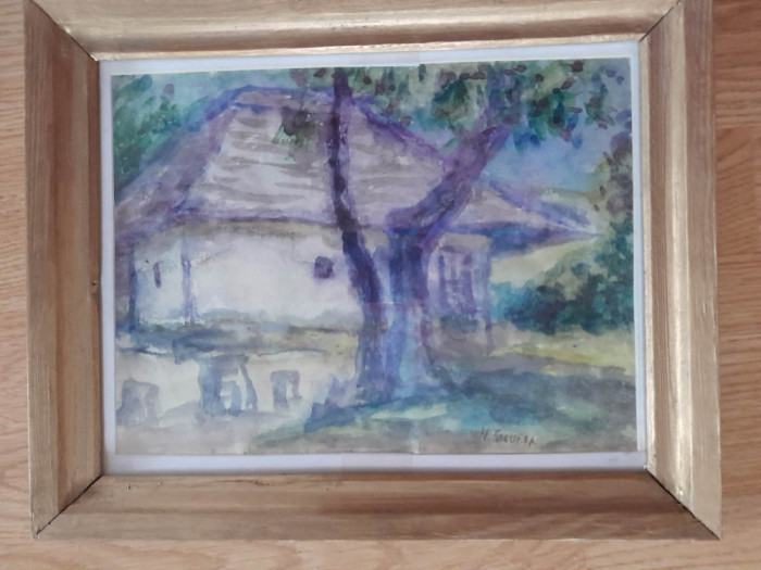 tablou Casa taraneasca, Hortensia Steurer, guasa pe hartie, 27x21 cm