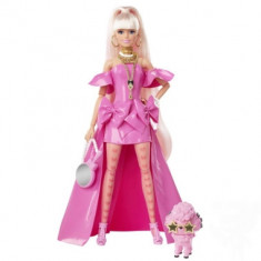 Barbie Extra Fancy - Papusa blonda cu rochie de gala roz si animal de companie catel