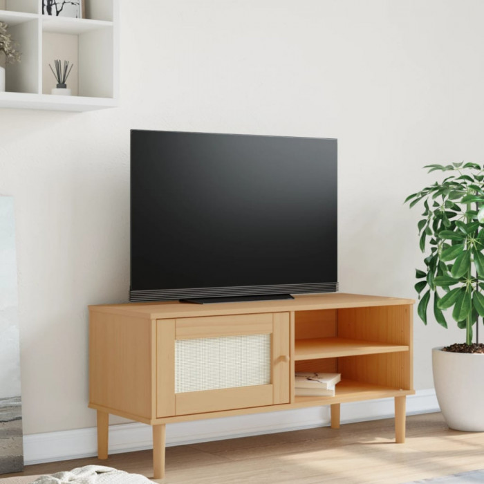 Comoda TV SENJA aspect ratan maro, 106x40x49 cm, lemn masiv pin GartenMobel Dekor