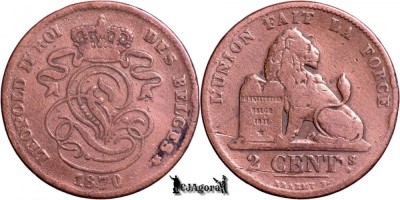 1870, 2 Centimes - Leopold al II-lea - Regatul Belgiei foto