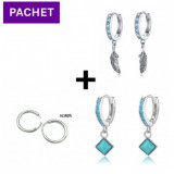 Pachet promo cercei din argint silver leaf + cercei blue stone + cercei rotunzi