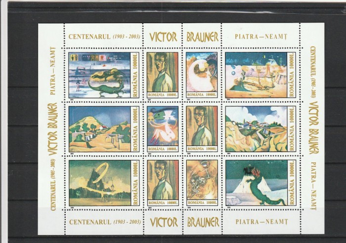 ROMANIA 2003 LP 1613 CENTENAR VICTOR BRAUNER BLOC DE 12 TIMBRE MNH NESTAMPILAT