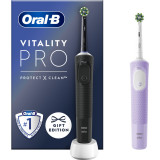 Set 2 x Periuta de dinti electrica Oral-B Vitality Pro, Curatare 2D, 3 programe, 1 Incarcator, 2 Capete, Negru/Violet