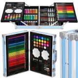 Cumpara ieftin Set pictura si desen pentru copii, 145 piese, creioane, markere, acuarele, pasteluri, geanta aluminiu cu maner, albastru