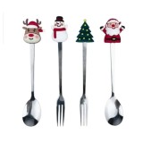Set 4 tacamuri, flippy, cu figurine de craciun, din otel inoxidabil, 2 furculite, 2 linguri, cutie festiva, 13.5 cm, rosu