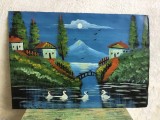 arta / tablou - Pictura naiva peisaj cu case , lebede si munte a doua jumatate a sec XX !