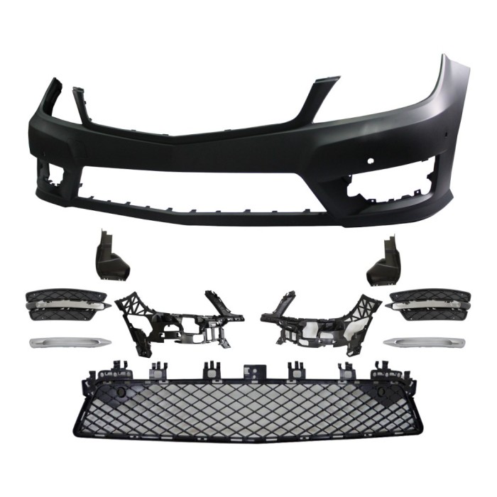 Set bara fata MERCEDES C-CLASS (W204), 03.2011-, cu 6 gauri senzori parcare; grunduit, de vopsit; type AMG, cu 6 gauri lumini de zi; cu grile inferio
