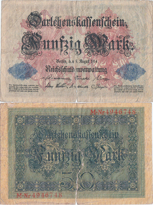 1914 (5 August), 50 Mark (P-49b) - NS 7 cifre - Imperiul German