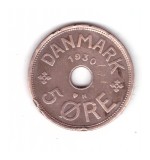 Moneda Danemarca 5 ore 1930, stare buna, cu lovituri pe cant, curata, Europa, Bronz