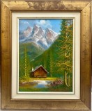 Tablou Peisaj Montan cu Cabana , Pictura &icirc;n ulei pe p&acirc;nză &icirc;nsoțit de Certificat de Autenticitate, inramat ramă lemn 48x58cm
