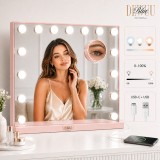 Oglindă de machiaj Hollywood albă, 58x48 cm, cu 15 LED-uri și lumină reglabilă, oglindă de mărire X10 roz