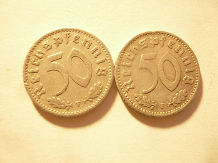 2 Monede Germania nazista 50 pfennig 1939 si 1940 litera F ,aluminiu , cal. Buna