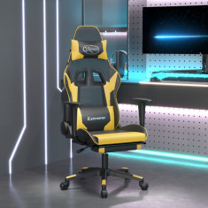 Scaun de gaming cu masaj suport picioare negru auriu piele eco foto