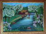 Tablou original PEISAJ DE PRIMAVARA CU MOARA pictat in ulei pe panza, 50x70 cm, Peisaje, Realism