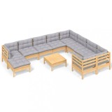 Set mobilier gradina cu perne, 11 piese, gri, lemn masiv pin