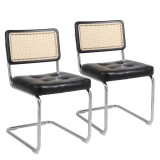 Set de 2 scaune de pr&acirc;nz din ratan, spătar din plasă fără brațe, picioare din metal cromat, Negru
