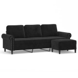 Canapea cu 3 locuri si taburet, negru, 180 cm, catifea