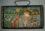 CY - Geanta gentuta Ghiozdan ghiozdanel veche tabla copii elevi / incuietoare incompleta 19 cm x 11 cm x 5 cm 200 g /fara marcaje model litografie RAR