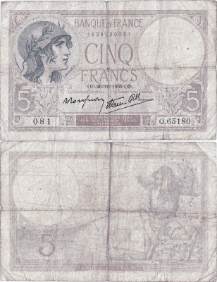 1939 (26 X), 5 francs (P-83a.9) - Franța foto