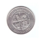 Moneda Islanda 5 kronur 1981, stare foarte buna, curata