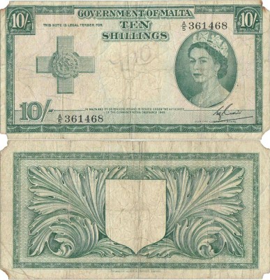 1954, 10 Shillings (P-23a) - Malta foto