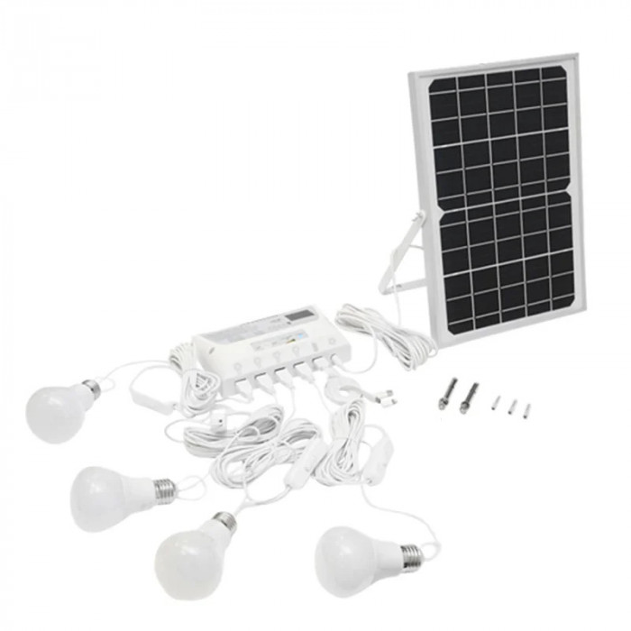 Sistem Pentru Iluminat Cu 4 Becuri Led Panou Solar 9V/12W Si 1xUSB Incarcare Telefon BK69218 190221-1