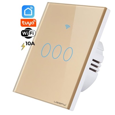Intrerupator inteligent cu touch, rama sticla, Wifi, Tuya, Smart Life, 3 canale, 10A, Auriu foto
