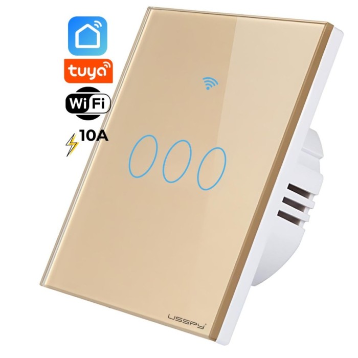 Intrerupator inteligent cu touch, rama sticla, Wifi, Tuya, Smart Life, 3 canale, 10A, Auriu