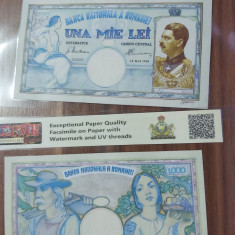REPRODUCERE pe hartie cu filigran si fire UV proiect bancnota 1000 lei 1934